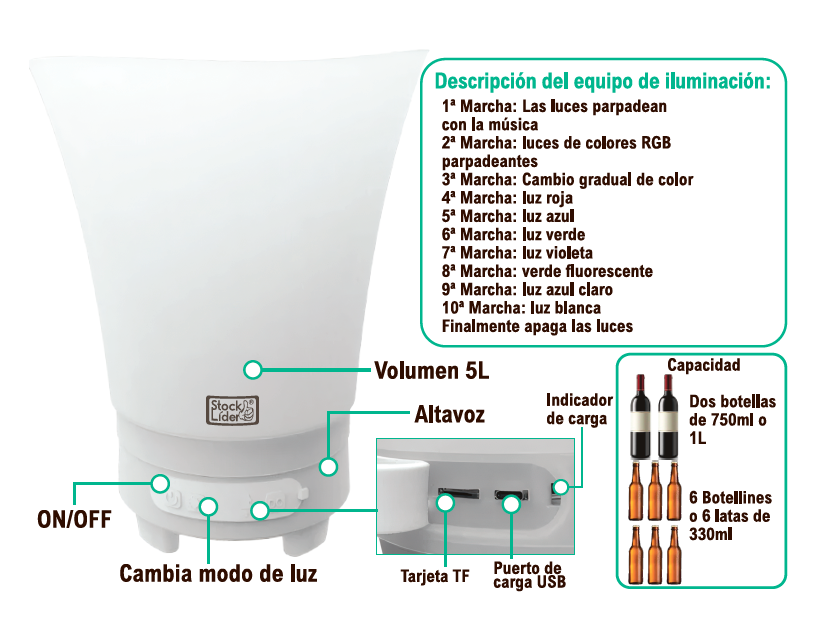 Cubitera de hielo LED con altavoz Bluetooth, 5 litros