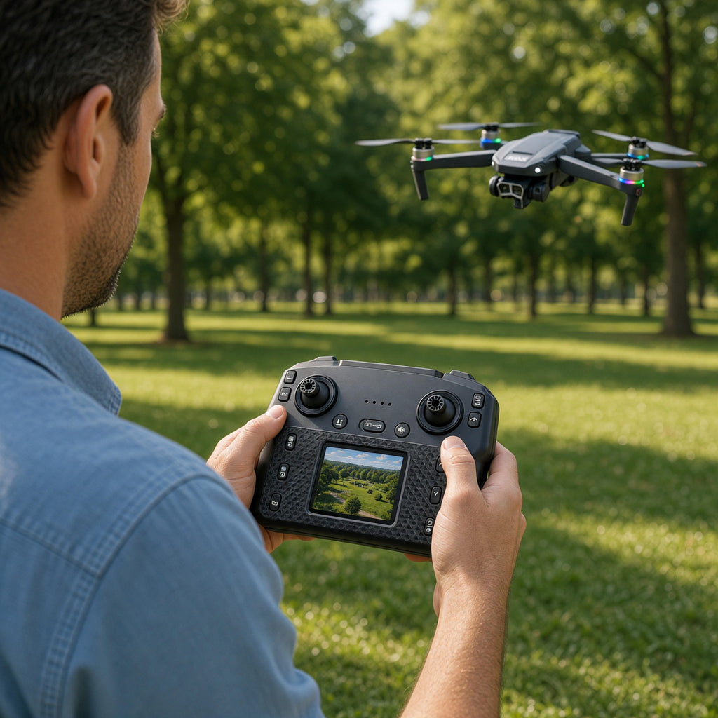 Hombre pilotando el dron Y3 Ultra con el mando con pantalla en un parque