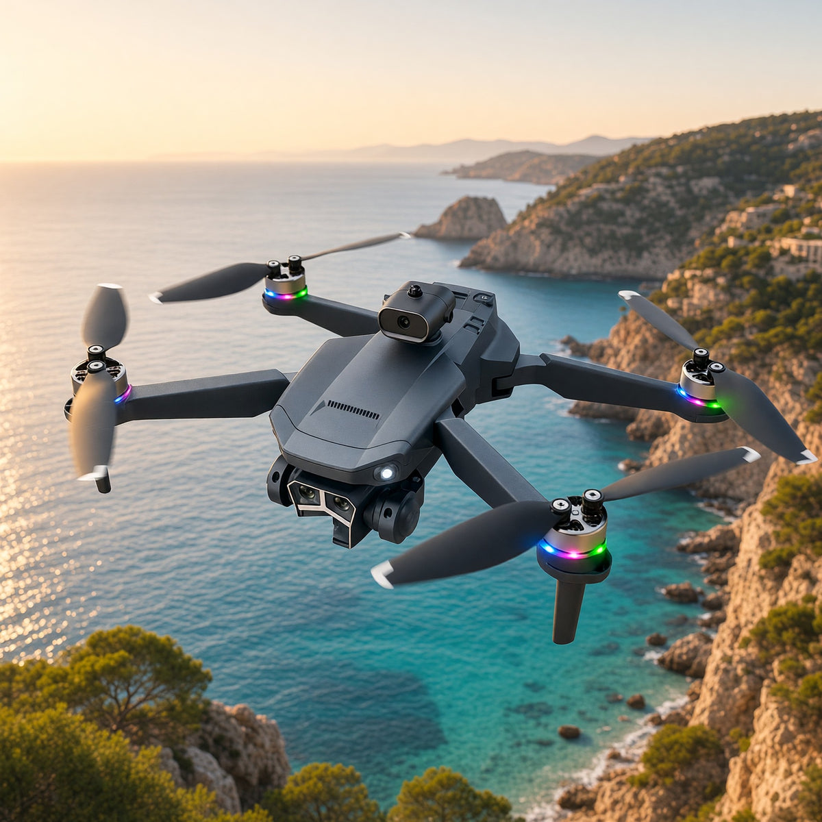 Dron Y3 Ultra volando sobre la costa