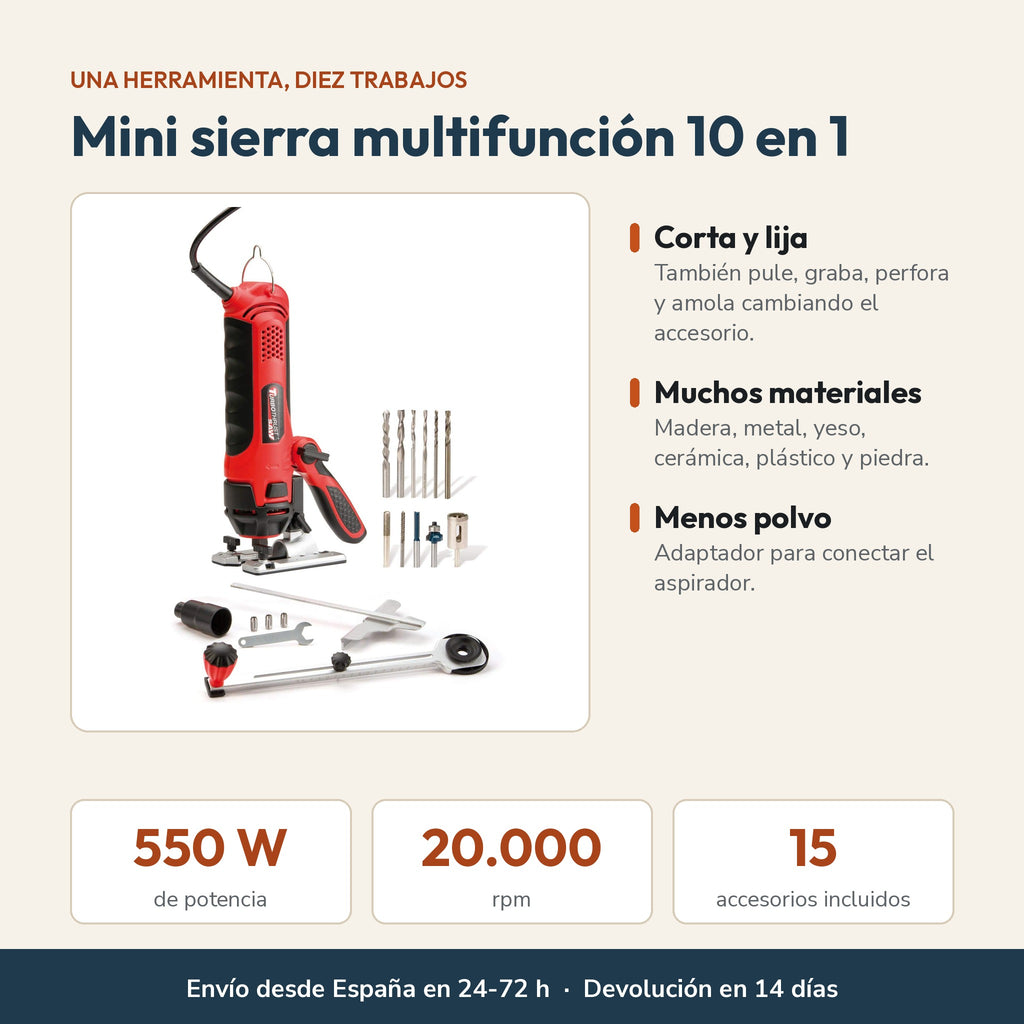 Características de la mini sierra multifunción 10 en 1: 550 W, 20.000 rpm y 15 accesorios