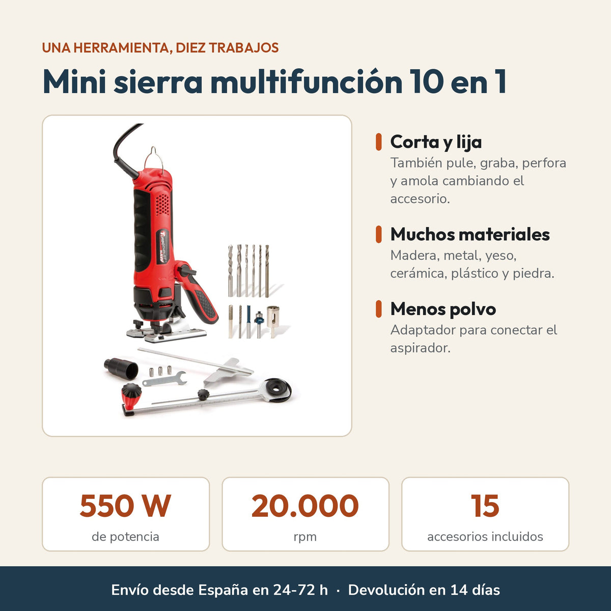 Características de la mini sierra multifunción 10 en 1: 550 W, 20.000 rpm y 15 accesorios
